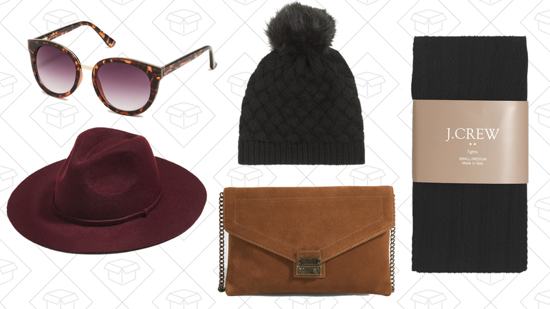 Tortoise Frame Sunglasses, $13 | Classic Wool Fedora, $25 | Faux-Fur Pom-Pom Hat, $20 | Lock Envelop|e Clutch, $53 | Mini-Cable Tights, $11